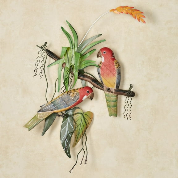 Rosellas Pair Tropical Metal and Fruitwood Wall Sculpture 19 x 29 Inches