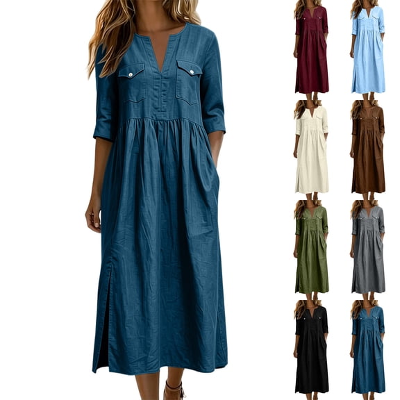 Jovrlynd Fall Midi Dresses for Women V Neck 3/4 Sleeve Cotton Linen Casual Boho Dress with Pockets 2026, S-2XL