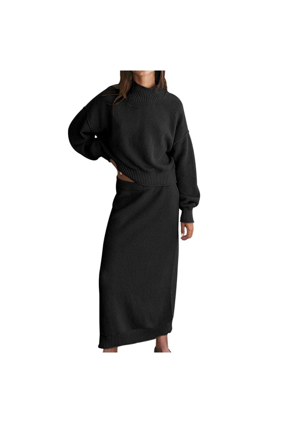 Women's Casual Winter Fall Dress Long Sleeve Solid Fashionable High Necked Pencil Skirt Set Dresses