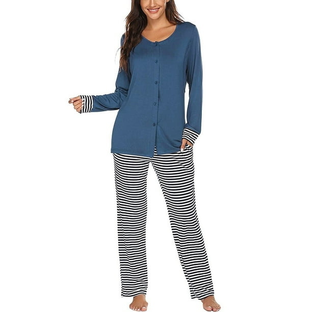 VOIANLIMO Women Maternity Clothes Nursing Pajama Set Long Sleeve T-Shirt  Tops Striped Pants Breastfeeding Sleepwear Hospital Pajamas Comfy Homewear  