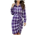 thumbnail image 2 of Leesechin Plaid Skirts for Women Casual Plaid Printed Buttons Shirt Buttock Dress Pleated Belt Irregular Long-sleeve Round Neck Dresses, 2 of 9