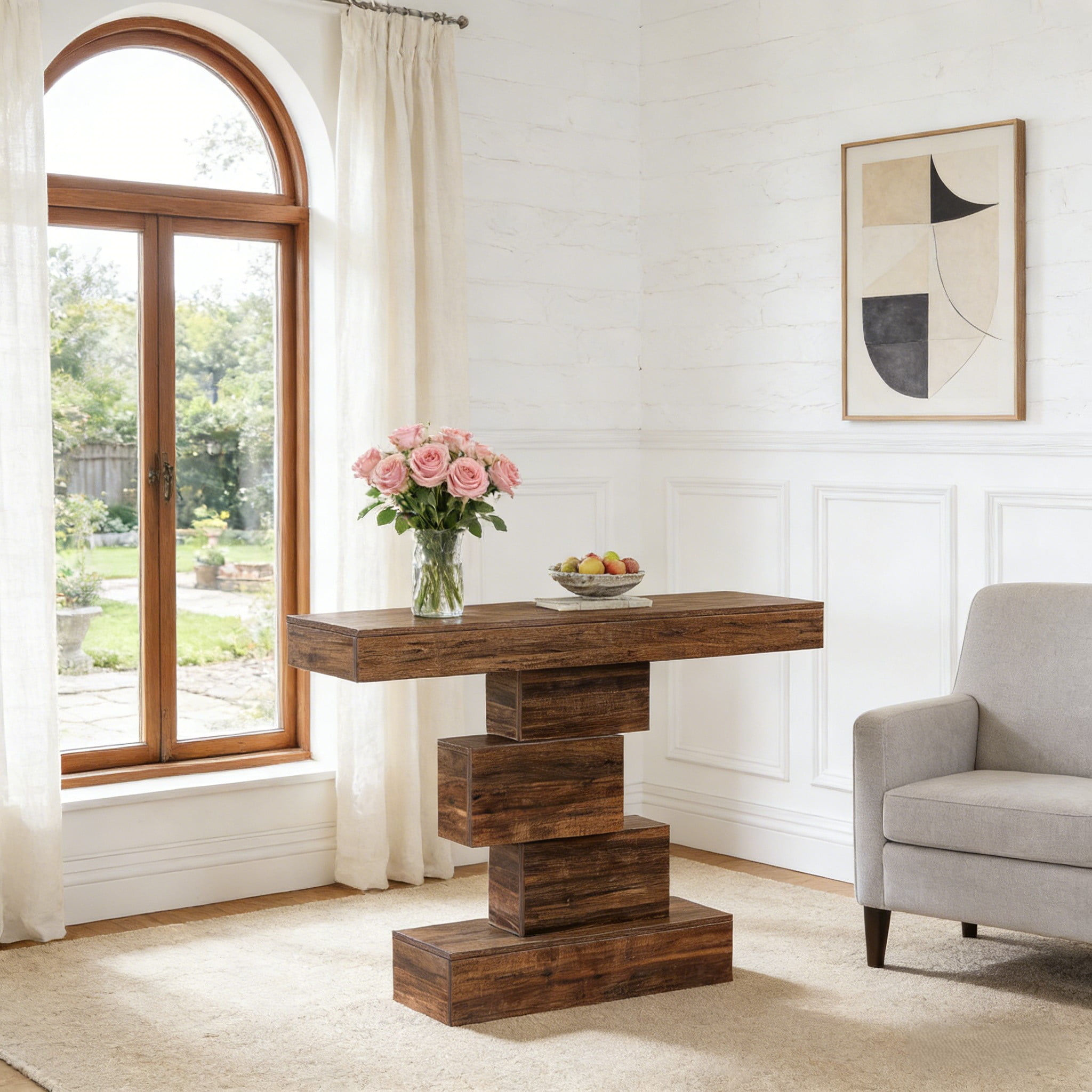 Fnova 42.5" Farmhouse Console Table, Wood Sofa Table with Geometric Storage, Narrow Accent Table for Living Room, Entryway, Hallway
