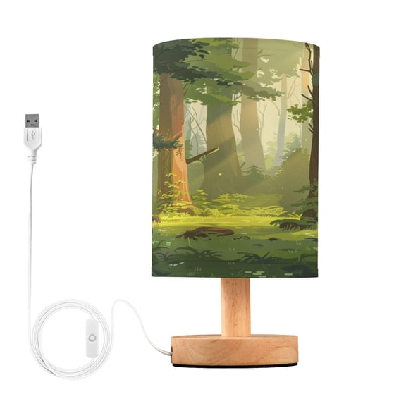 Trees Forest Bedside Table Lamp Desk Warm Lights with USB Charging Port Cylinder LED Lamps for Bedroom Living Room Office