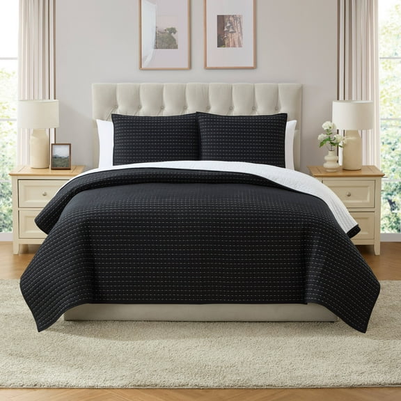 VCNY Home Embroidered 3-Piece Black Pick Stitch Microfiber Quilt Set, Full/Queen