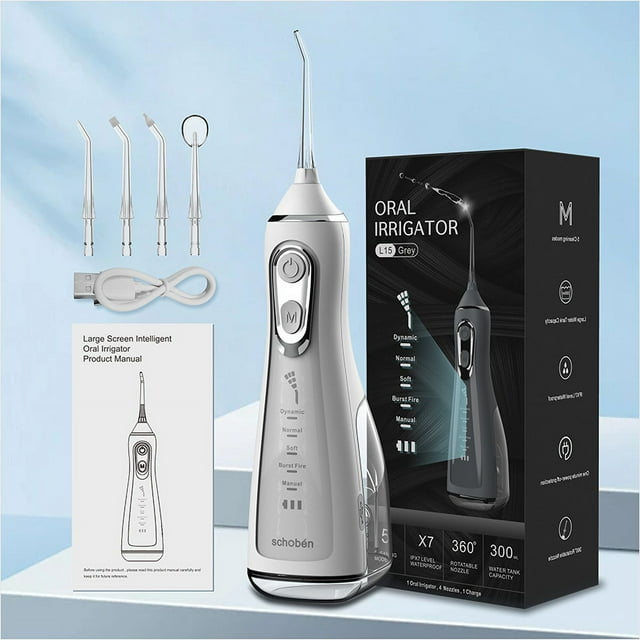 Hydropulseur Dentaire Intelligent L15 - Réservoir d'Eau 300 ml, 5 Modes, 4 Embouts, Étanchéité IPX7, Batterie Rechargeable 2000 mAh, Pression 40-140 psi, Impulsions 1600-1800/min, Irrigateur Buccal Portable Détachable pour la Maison et
