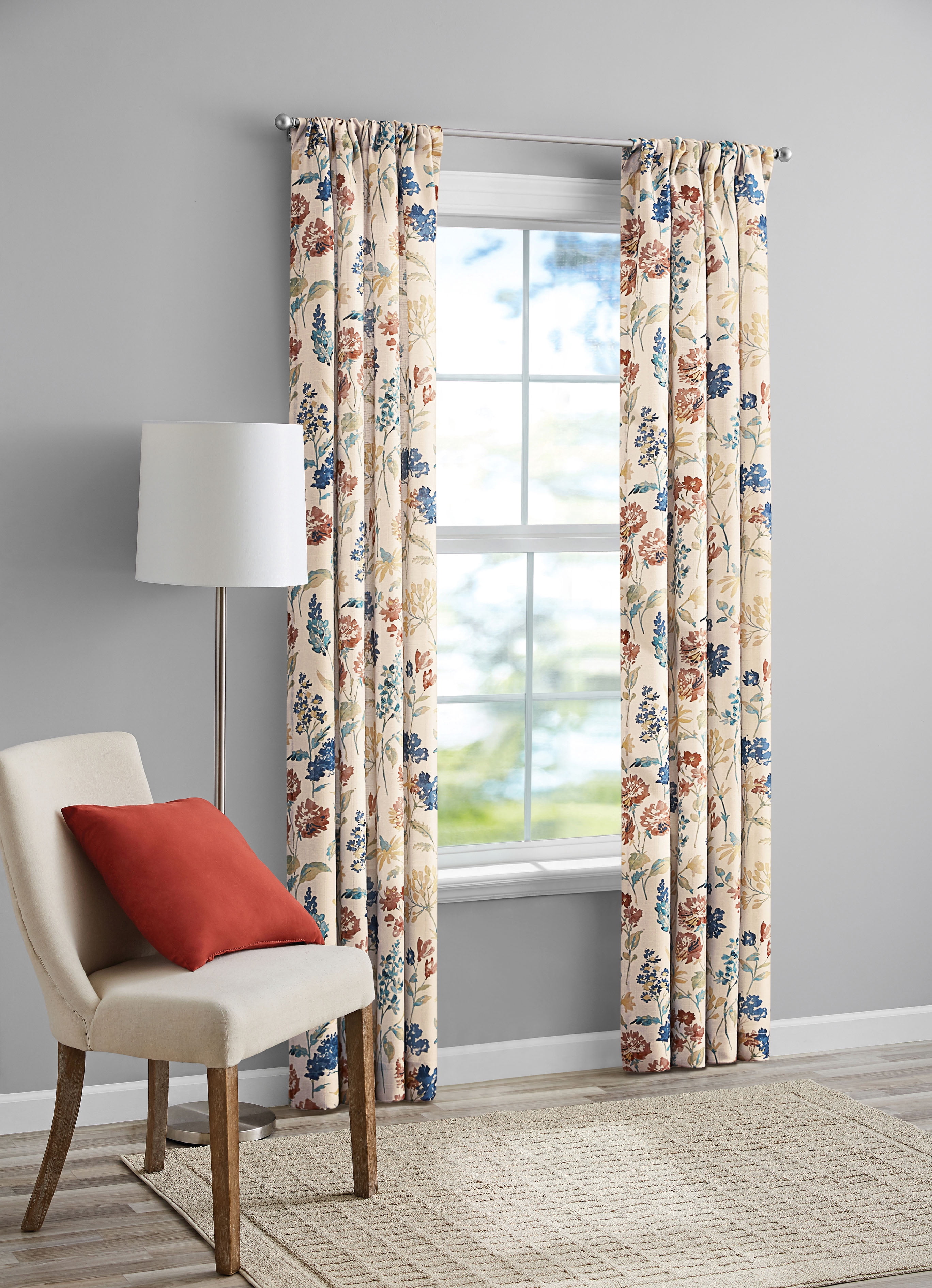 Mainstays Tille Light Filtering Curtain Panel Pair, Set of 2, Beige Floral, 37"W x 84"L