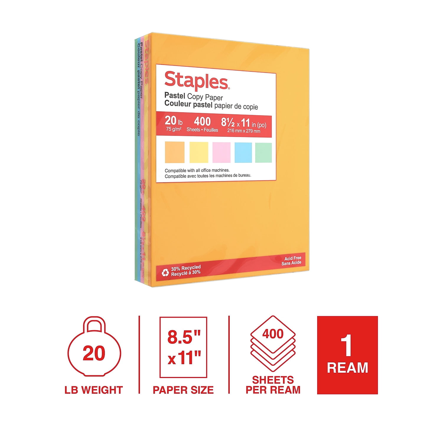 Staples Recycled Pastel Multipurpose Paper 20 lbs. 8.5" x 11" Assorted Colors 400 Sheets/Ream