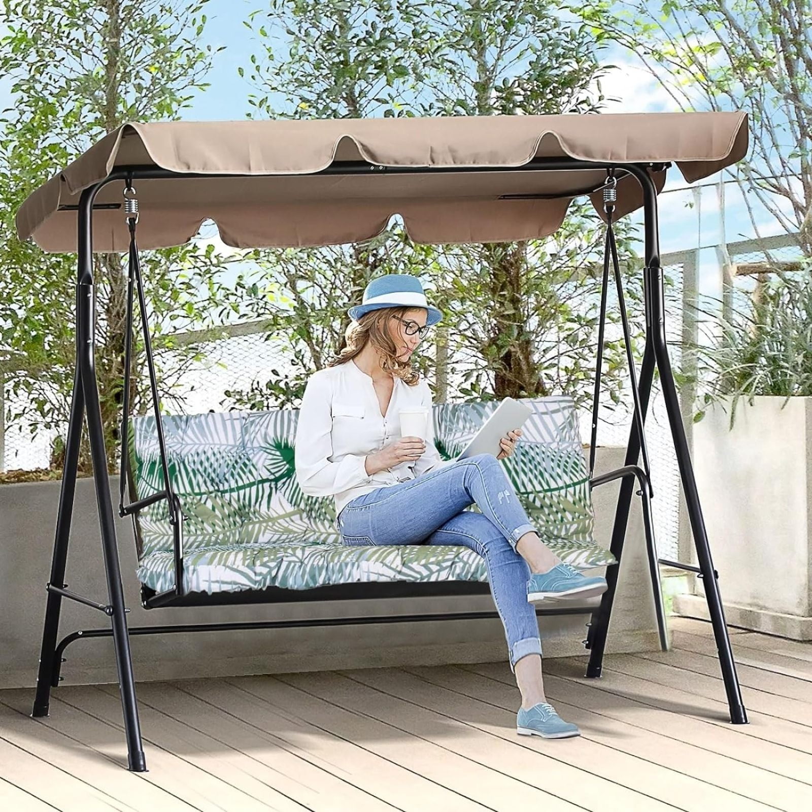 SQDWYGG Outdoor Swing Cushions with Backrest, 2 or 3 Person Seat Bench Replacement Waterproof Cushion for Outdoor Patio Porch Garden Furniture Swing Chair,Bamboo Leaf,39.4x39.4in