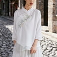 thumbnail image 5 of thefmos Women's Mandarin Collar Embroidered Blouse 3/4 Sleeve Solid Color Casual Top Trendy Spring Fall Outfit, White M, 5 of 6