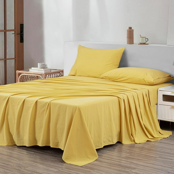 Chezmoi Collection Solid Yellow 100% Washed Cotton Bed Sheet Set Queen Size, 4-Piece Luxury Soft Breathable 16-Inches Deep Pocket Sheets and Pillowcases Set