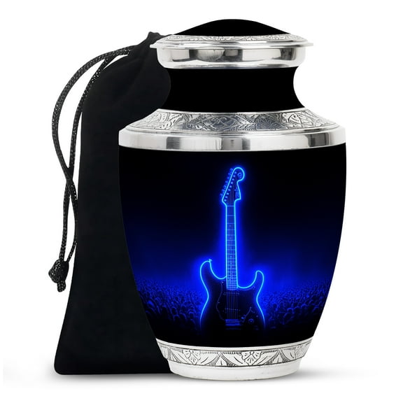 Blue & Black Guitar Large Cremation Urns For Human Ashes Adult Female - Memorial Urn For Adult Male Ashes - Funeral Burial Ashes - 10 Inch
