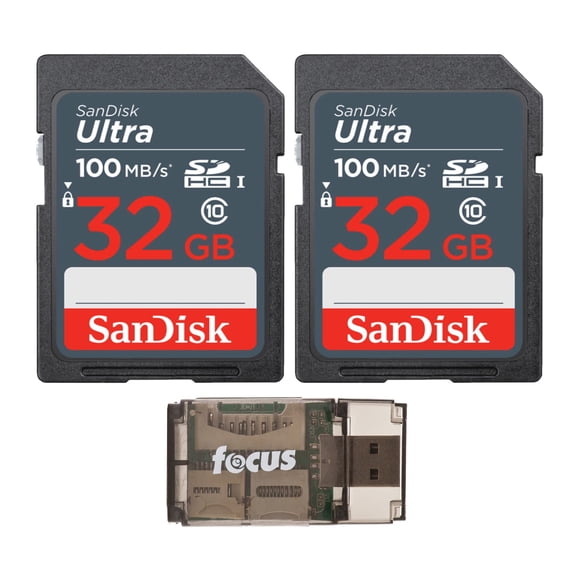 SanDisk 32GB Ultra SDHC UHS-I Memory Card (2-Pack) with All-In-One High Speed USB 2.0 Card Reader Bundle (3 Items)