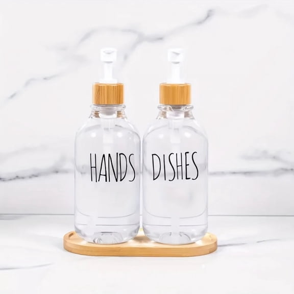 Soap Dispenser Bottle with Trays, Bamboo Lid Soap Bottle with Anti-Rust Pump, Hand Dish Soap Dispenser for Kitchen Shampoo