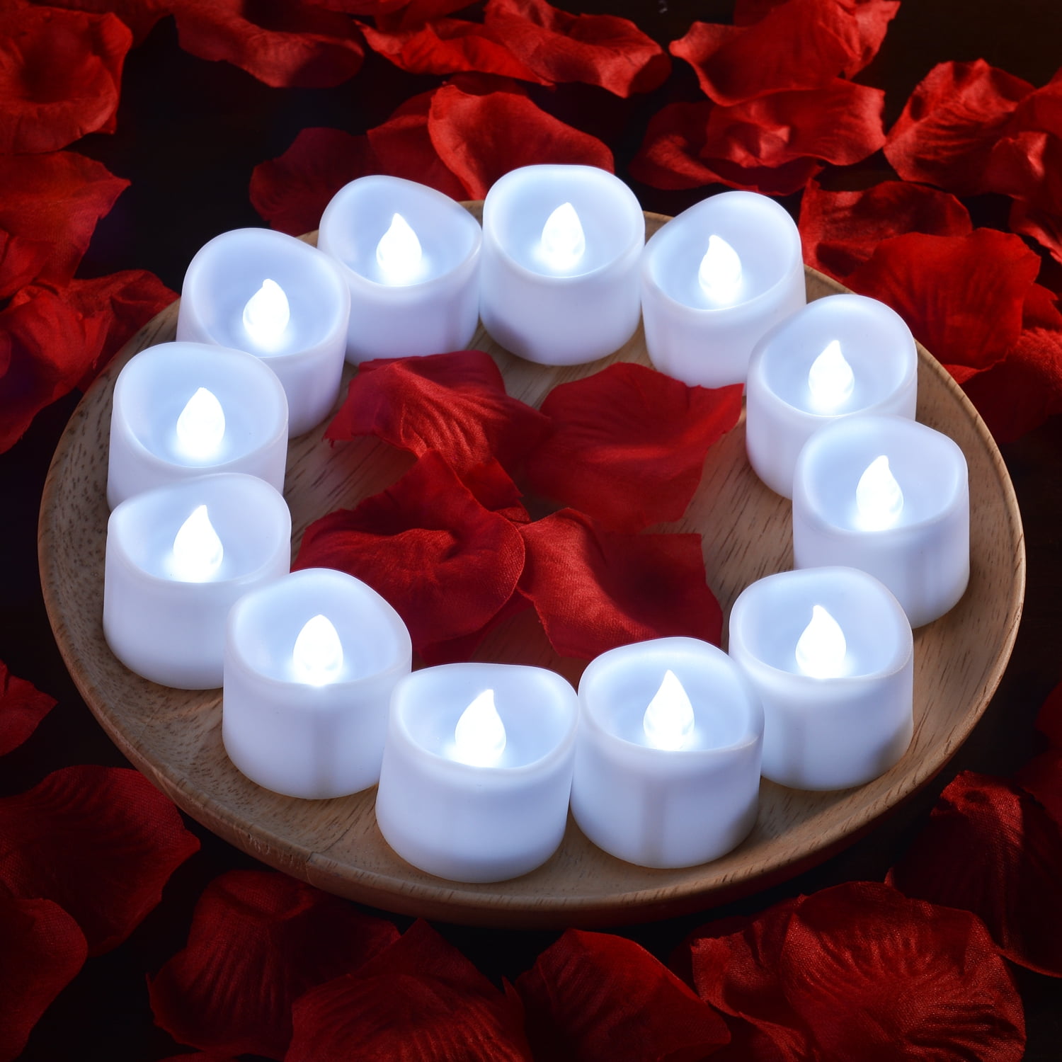 Homemory LED Candles and Valentine's Day 12pcs Battery Tea Lights with 100pcs Artificial Rose Petals Long Lasting LED Tea Lights Wedding Ideal for Propose 