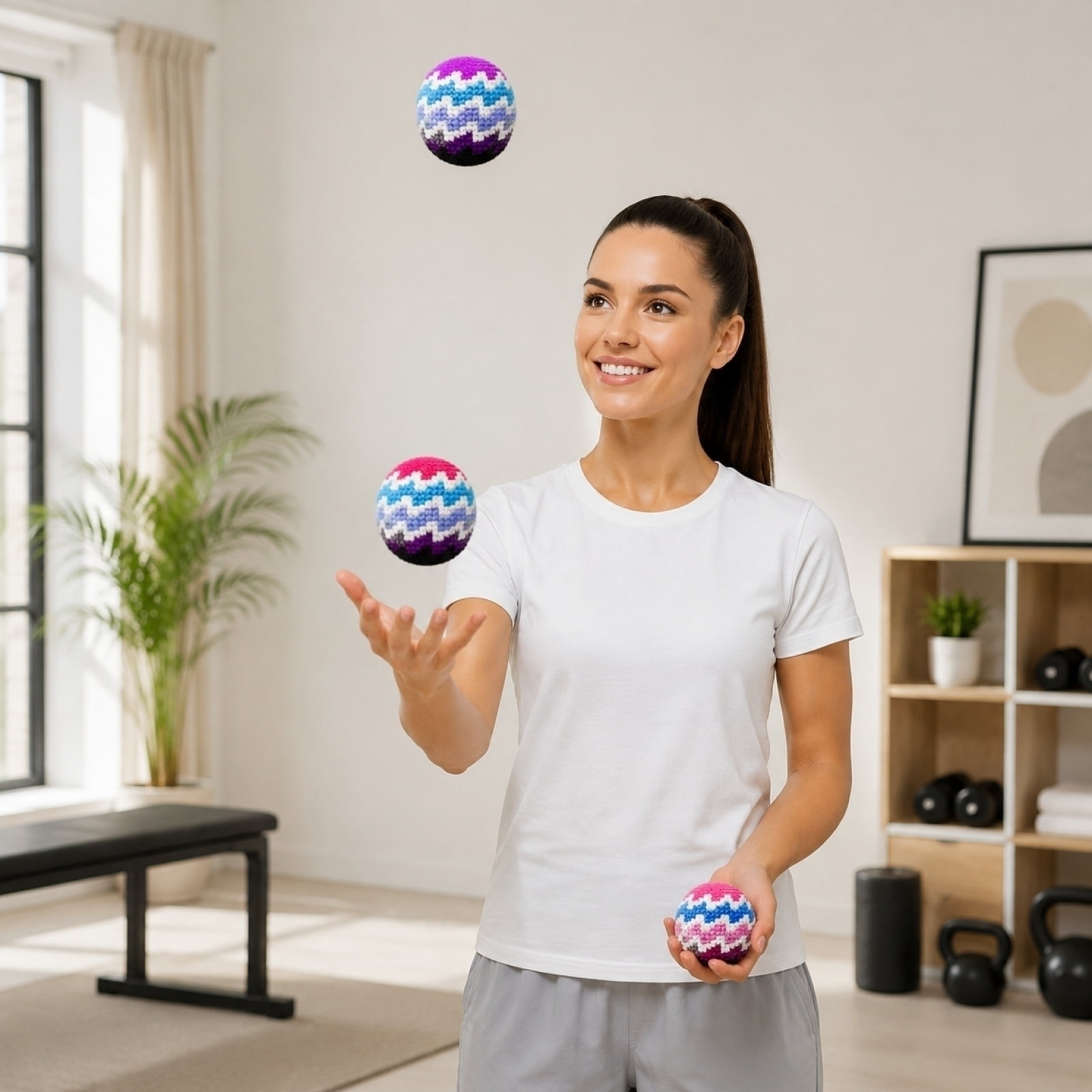 Premium Hand-Knit Crochet Juggling Balls - Professional 2.2" Weighted Striped Bean Bags for Skill Training, Soft Stress Relief Hand Exercise Squeeze Balls, Multi-Color Set of 6