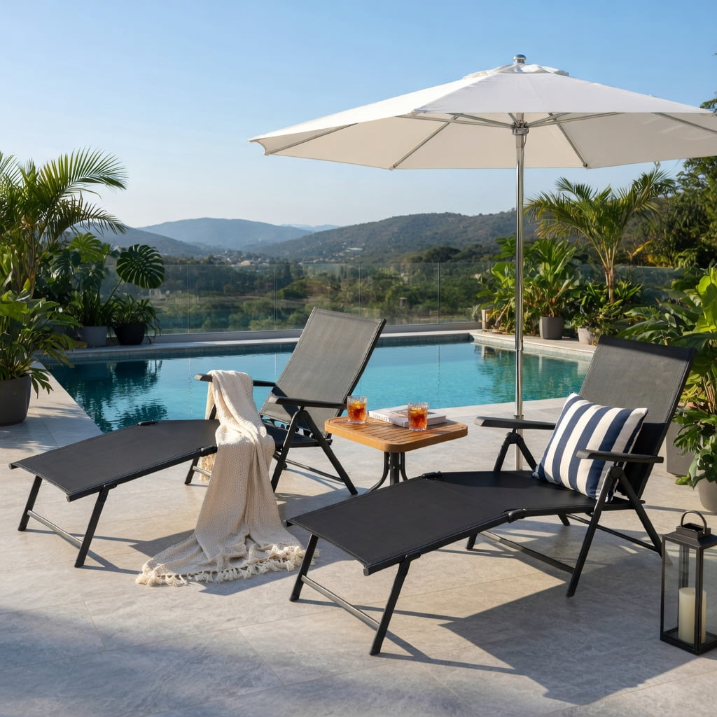 Hommoo 2-Pack Foldable Chaise Lounge Chair with 5-Position Reclining Backrest & 2-Position Adjustable Footrest, Heavy-Duty Steel Frame Patio Lounger for Poolside, Garden & Deck, Black