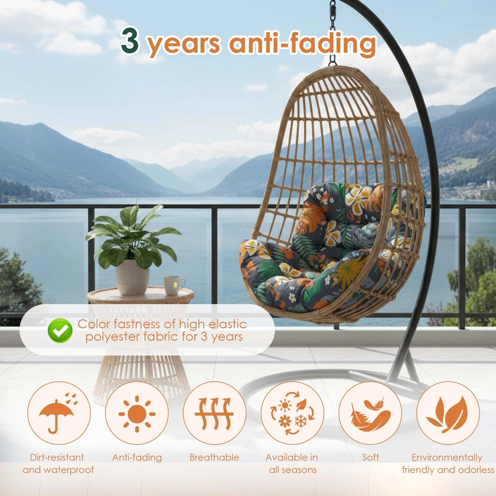 TOPCHANCES Egg Chair Cushion Only, Water-Resistant Outdoor Rocking Chair Cushion, Thick Papasan Seat Cushion with Ties for Patio, Porch, Balcony, Garden (Autumn)