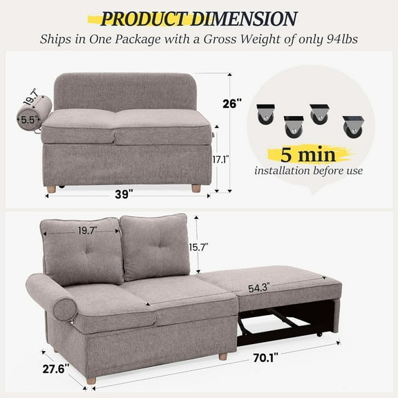 4-in-1 Convertible Sofa Bed with Recliner, Compact Design for Small Spaces, Durable Linen Fabric, Adjustable Headrest and Backrest