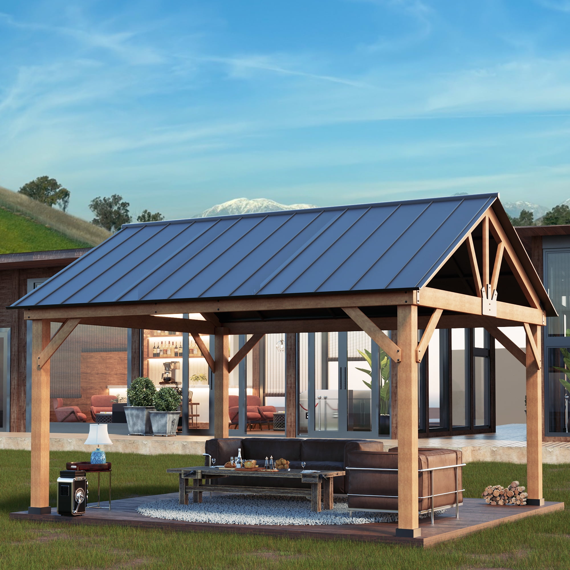 MeetLeisure 15 ft. W x 13 ft. Cedar Solid Wood Patio Gazebo; Gray