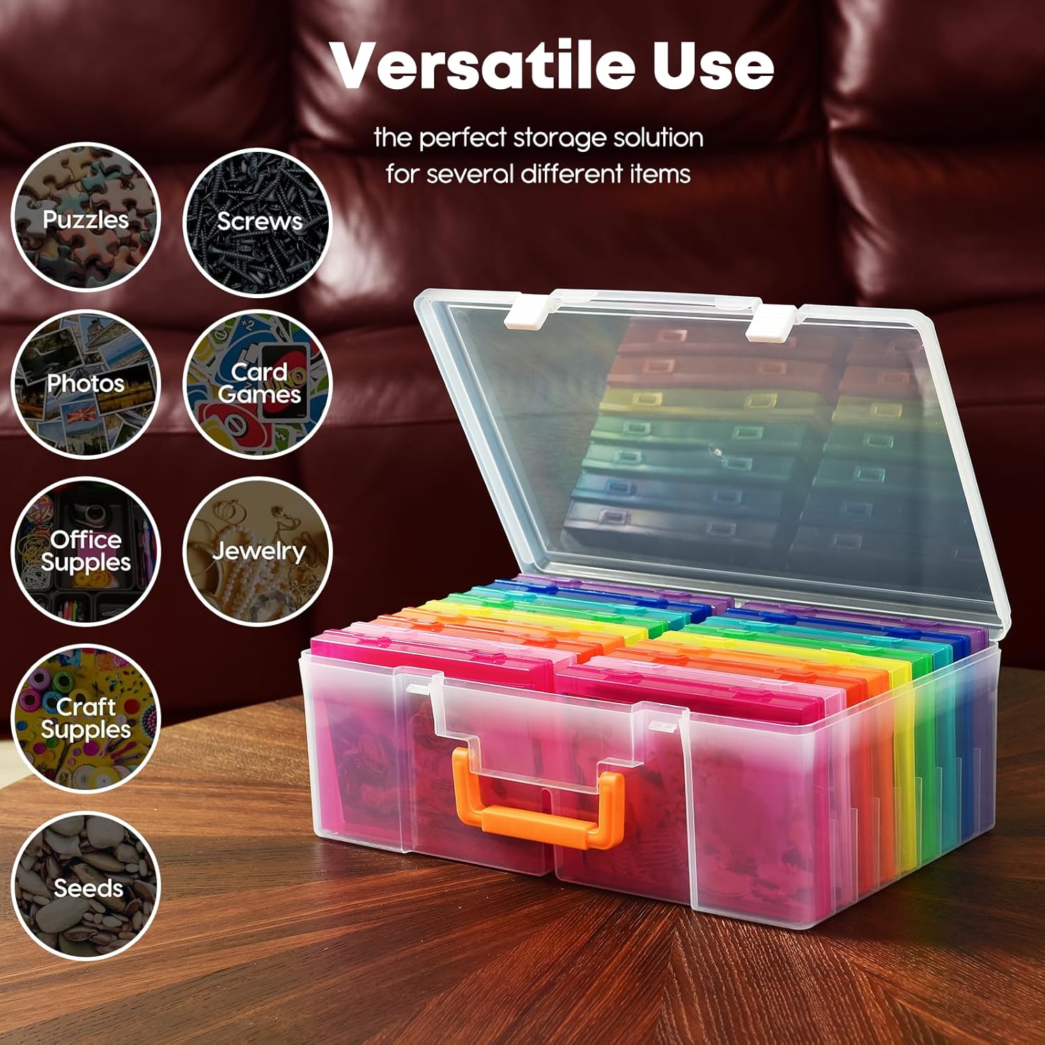 Photo Storage Box 5" x 7" with Handle, 18 pcs Inner Photo Containers Organizer and Craft Keeper, Portable Picture Case with Label for Seed, Arts, Crafts, Sewing, Stickers, Office - Colorful