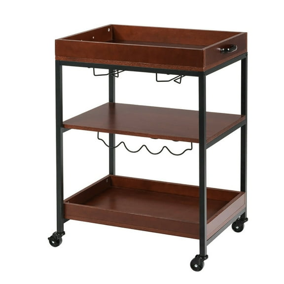 Resenkos 3 Tiers Kitchen Island Serving Bar Cart with Glasses Holder and Wine Bottle Rack, Storage Rack Microwave Oven Stand for Spices, Pots, and Pans