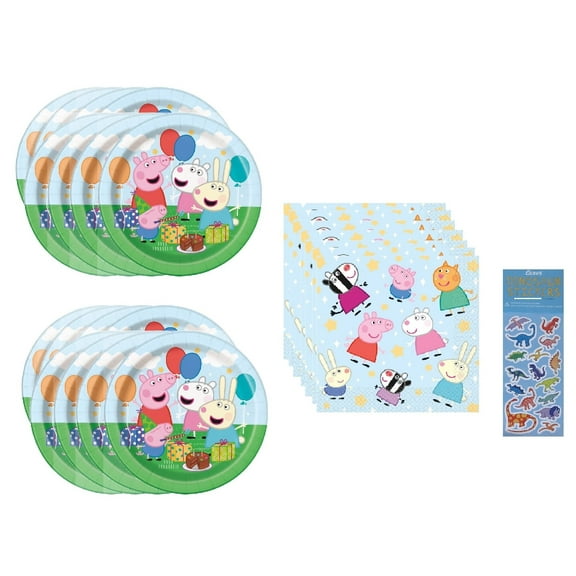 Peppa Pig Party Supplies Bundle Pack includes 16 Dessert Cake Paper Plates, 16 Napkins, 1 Dinosaur Sticker Sheets