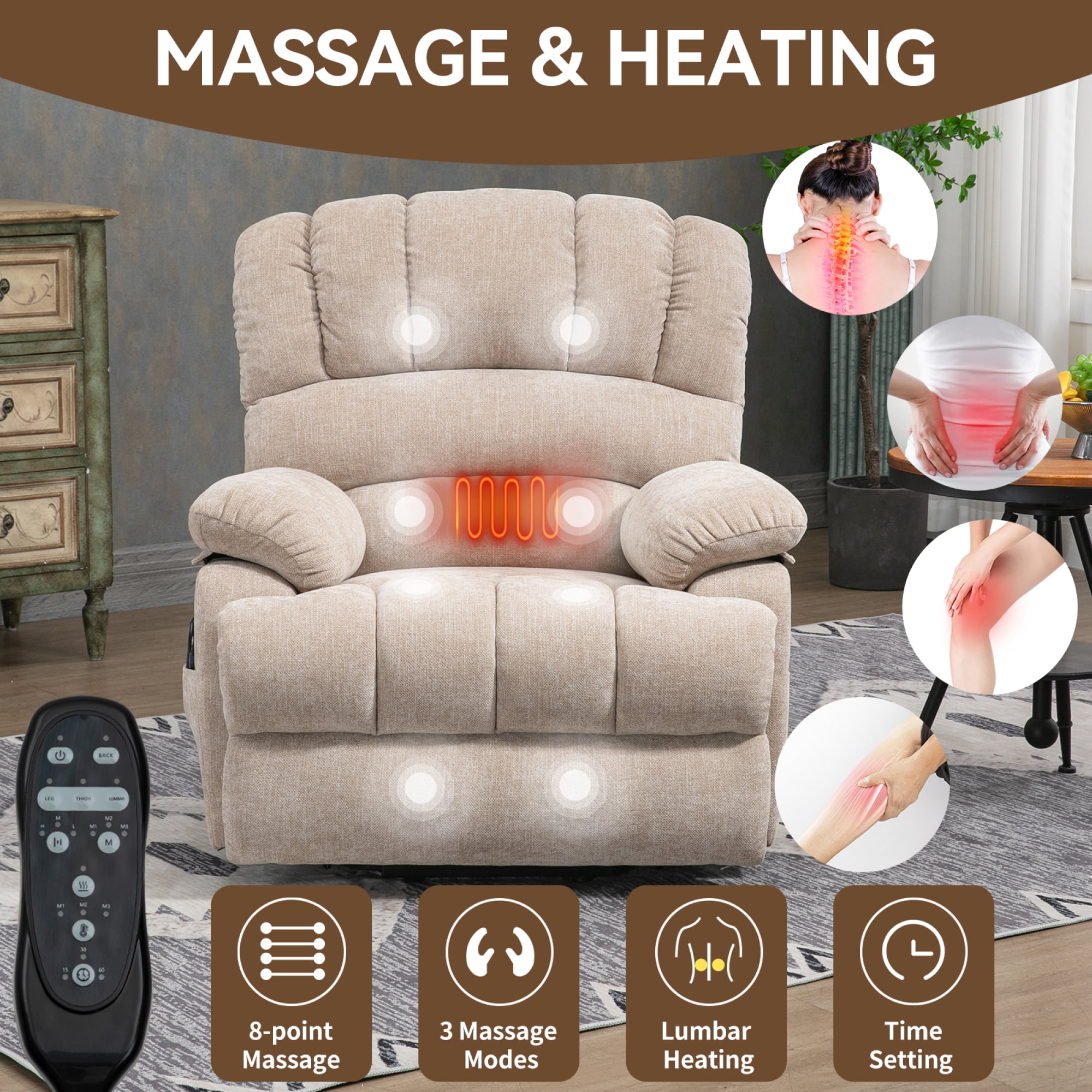 Leumius Power Lift Recliner Chair for Elderly with Vibration Massage and Lumbar Heating,23.5" Extra Wide Single Sofa with High Back,Side Pocket,USB Charge Port for Living Room,Beige