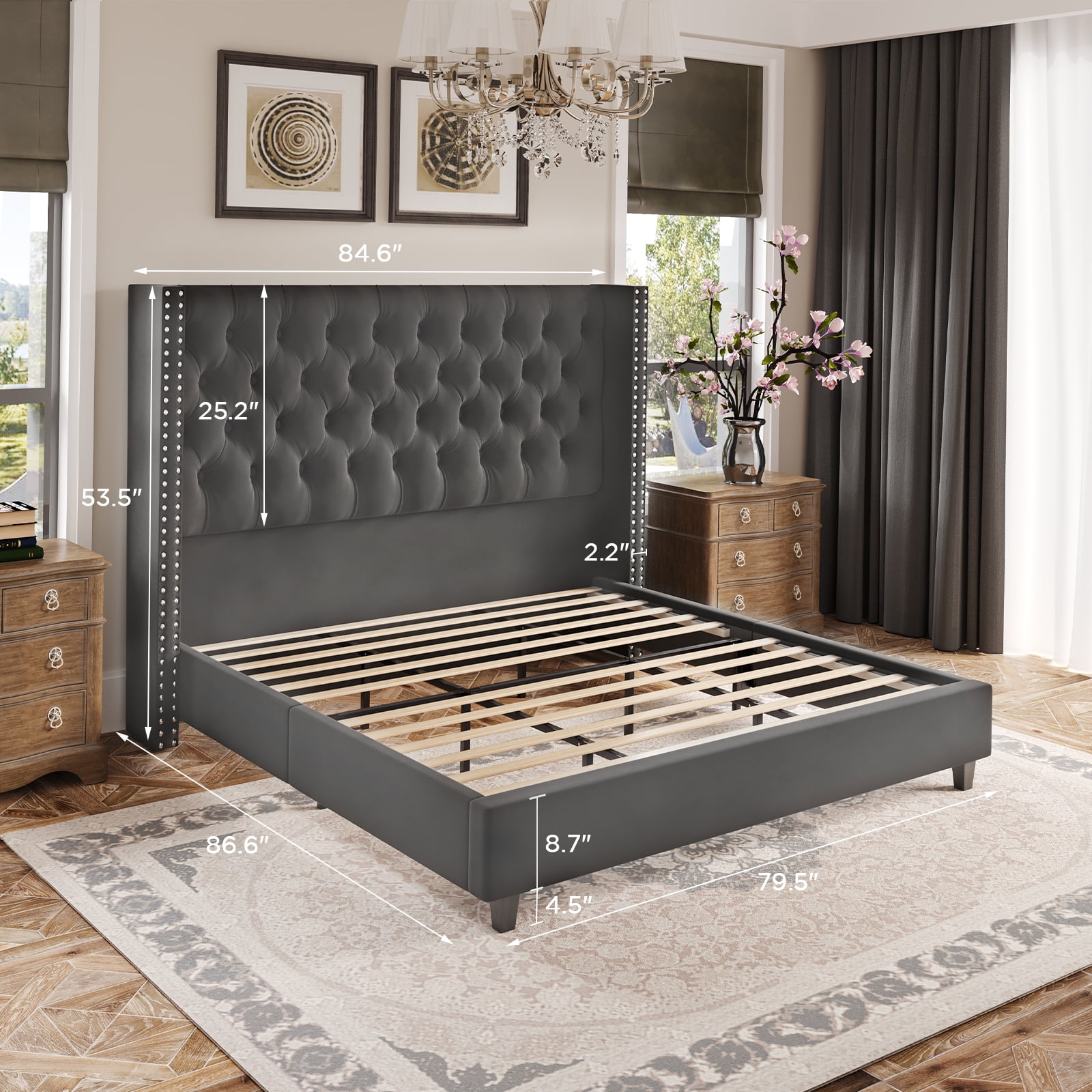 Merluxy King Size Platform Bed Frame Velvet Upholstered Bed Deep Button Tufted Wingback Headboard/Wood Slat Support/Easy Assembly/Dark Gray
