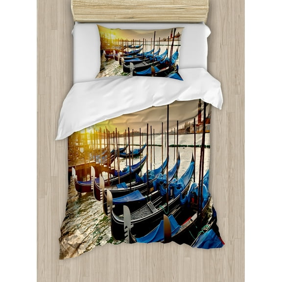 Venice Duvet Cover Set, Line of Traditional Gondolas on the Water Calm Peaceful Seascape with Rising Sun, Decorative 2 Piece Bedding Set with 1 Pillow Shams, Twin Size, Blue Yellow, by Ambesonne