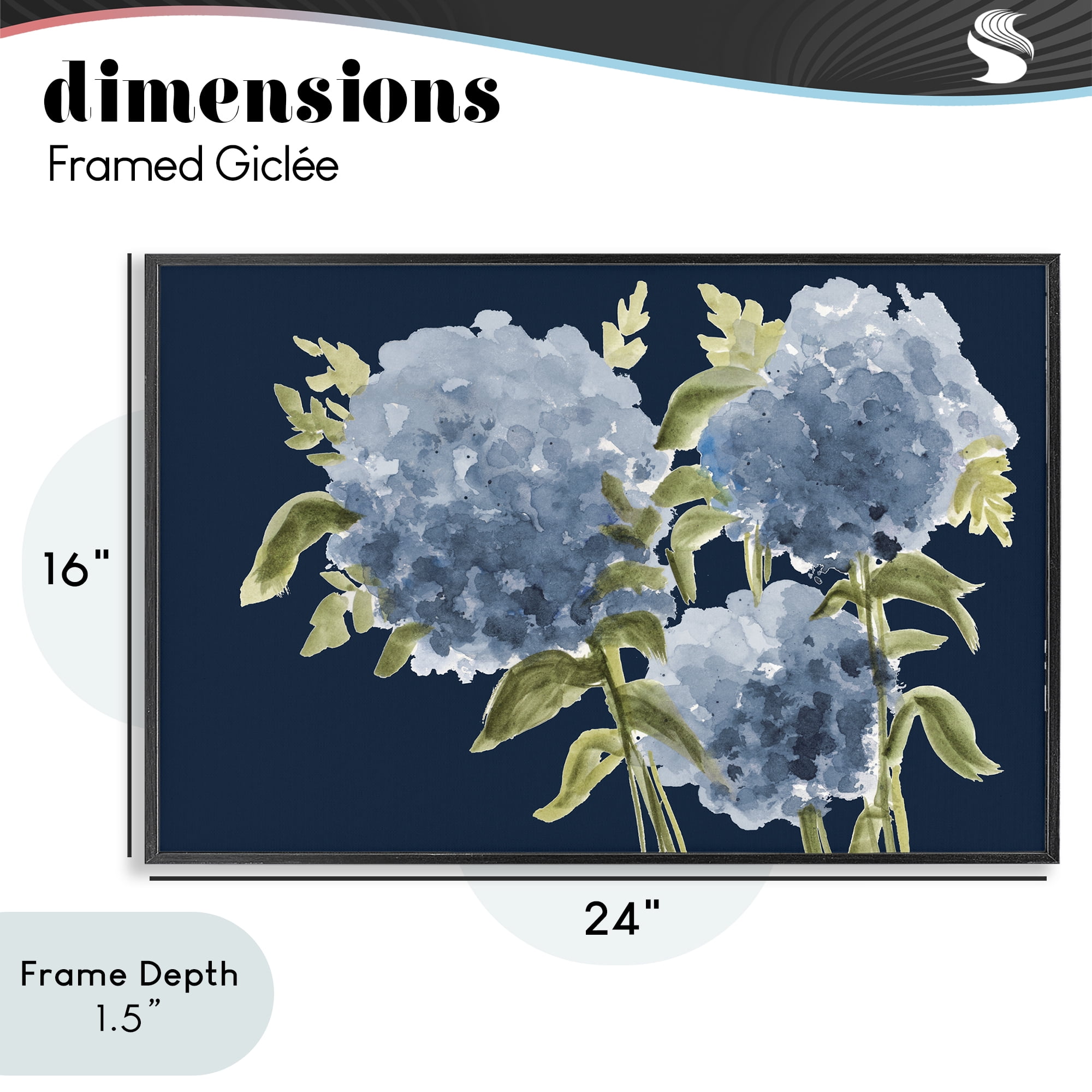 Stupell Industries Blue Hydrangeas on Indigo Black Framed Giclee Art, design by Janice Gaynor