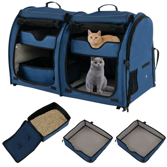 Infans Portable Pet Carrier Kennel Cat Dog Crate Twin Compartments w/ Mats Litter Box