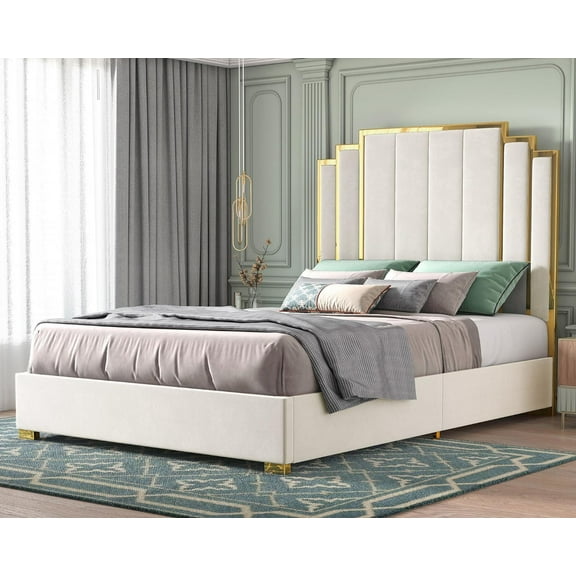 Merluxy Queen Size Bed Frame and 61" Headboard, Upholstered Bed with Golden Plating Trim, Modern Platform Bed No Box Spring Needed, Cream