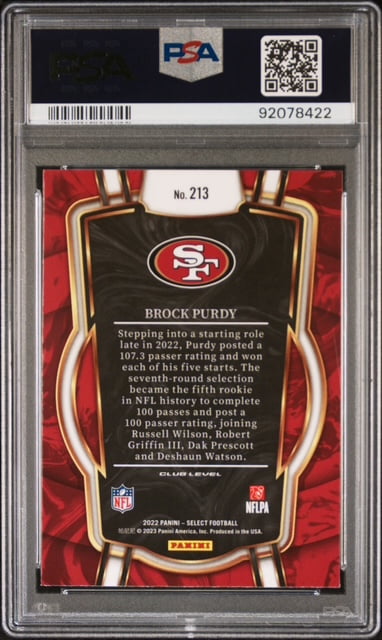 Brock Purdy 2022 Select Football Rookie Card #213 Graded PSA 10 Cert #92078422