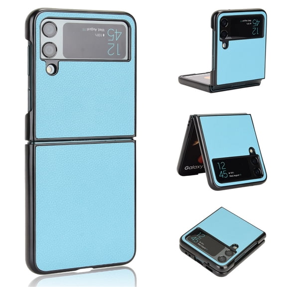 Plain Case for Samsung Galaxy Z Flip 3, Premium Lychee Patterned PU Leather Hard PC Shell Ultra Thin Slim Durable Protective Phone Cover for Samsung Galaxy Z Flip 3,Skyblue
