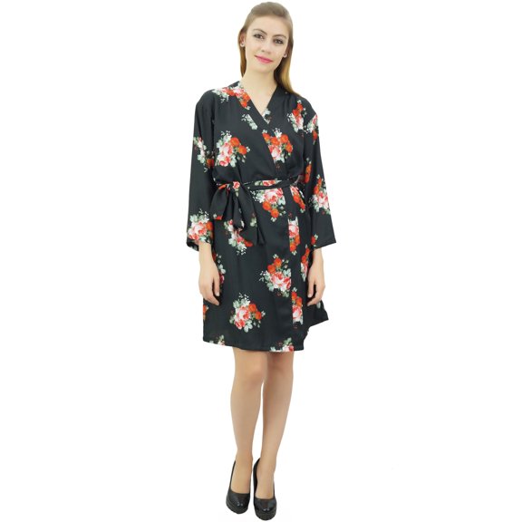 Bimba Women's Floral Printed Georgette Bridesmaid Robe Black Coverup Wrap-20