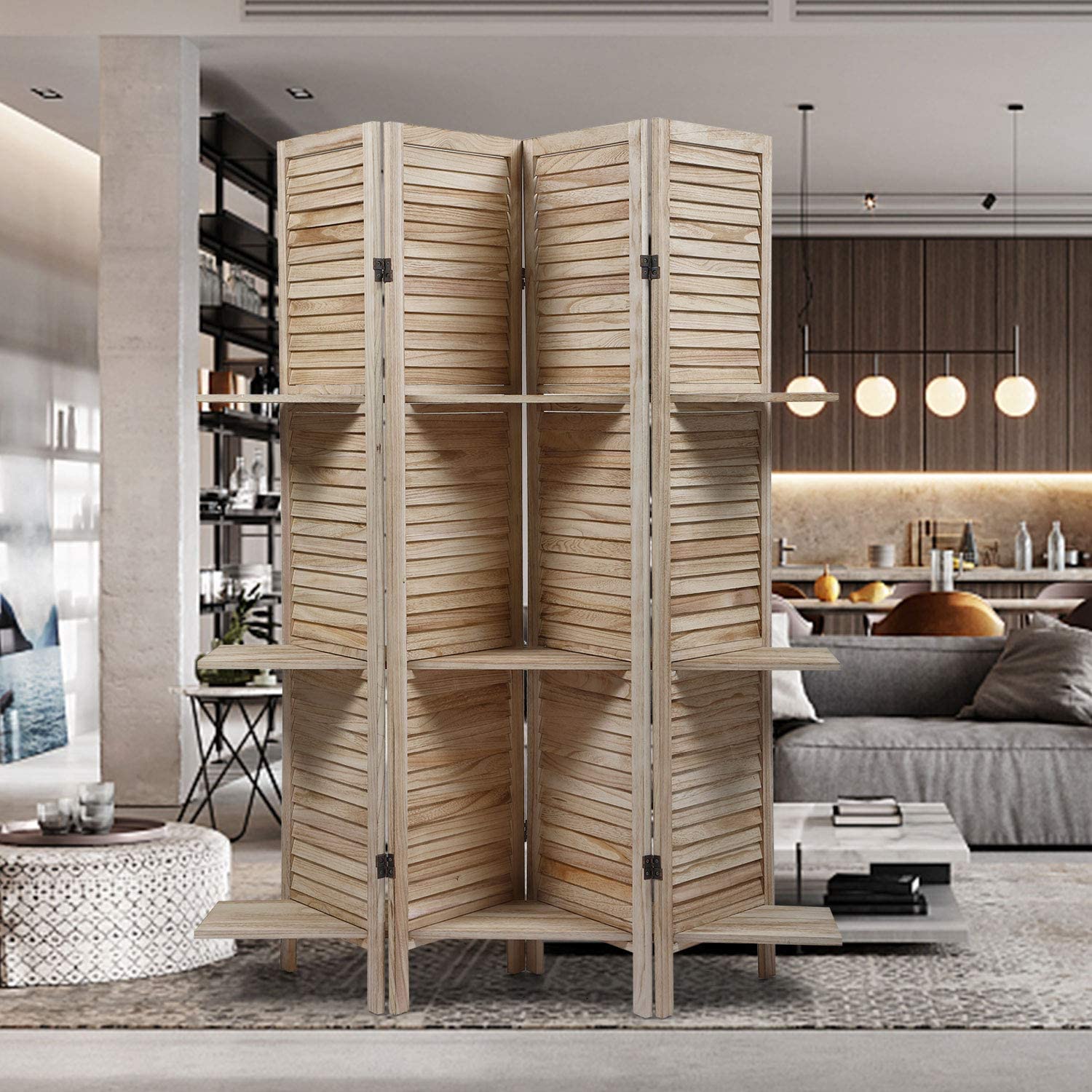 Room Dividers, VIK 4Panel Wood Louvered Room Divider with Wide
