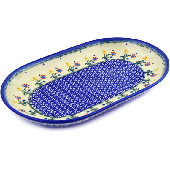 Polish Pottery 12¾-inch Platter (Spring Flowers Theme) Hand Painted in Boleslawiec, Poland + Certificate of Authenticity