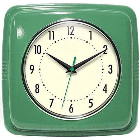 Square Silent Retro 9 inch Mid Century Modern Kitchen Diner Retro Wall Clock Quartz Sweep Movement (Green)