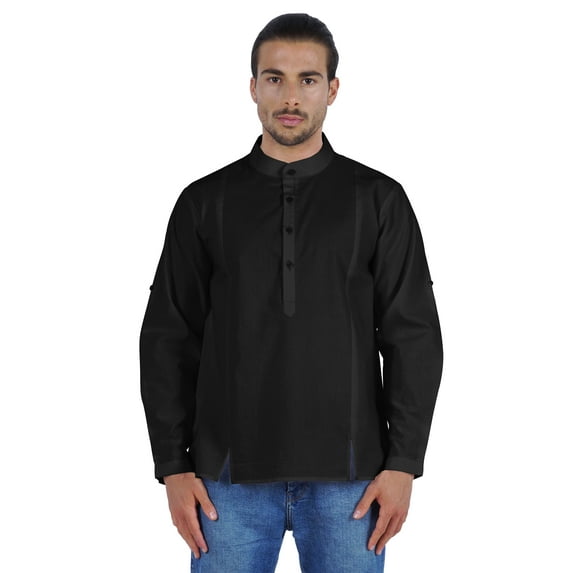 Atasi Indian Mens Henley Shirt Long Sleeve Casual Mandarin Collar Short Kurta