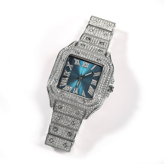 White Gold Finish Square Bezel Unisex Simulated Diamond Bling Stainless Steel Iced Out Hip Hop Roman Numeral Date Function Luxury Watch 35mm