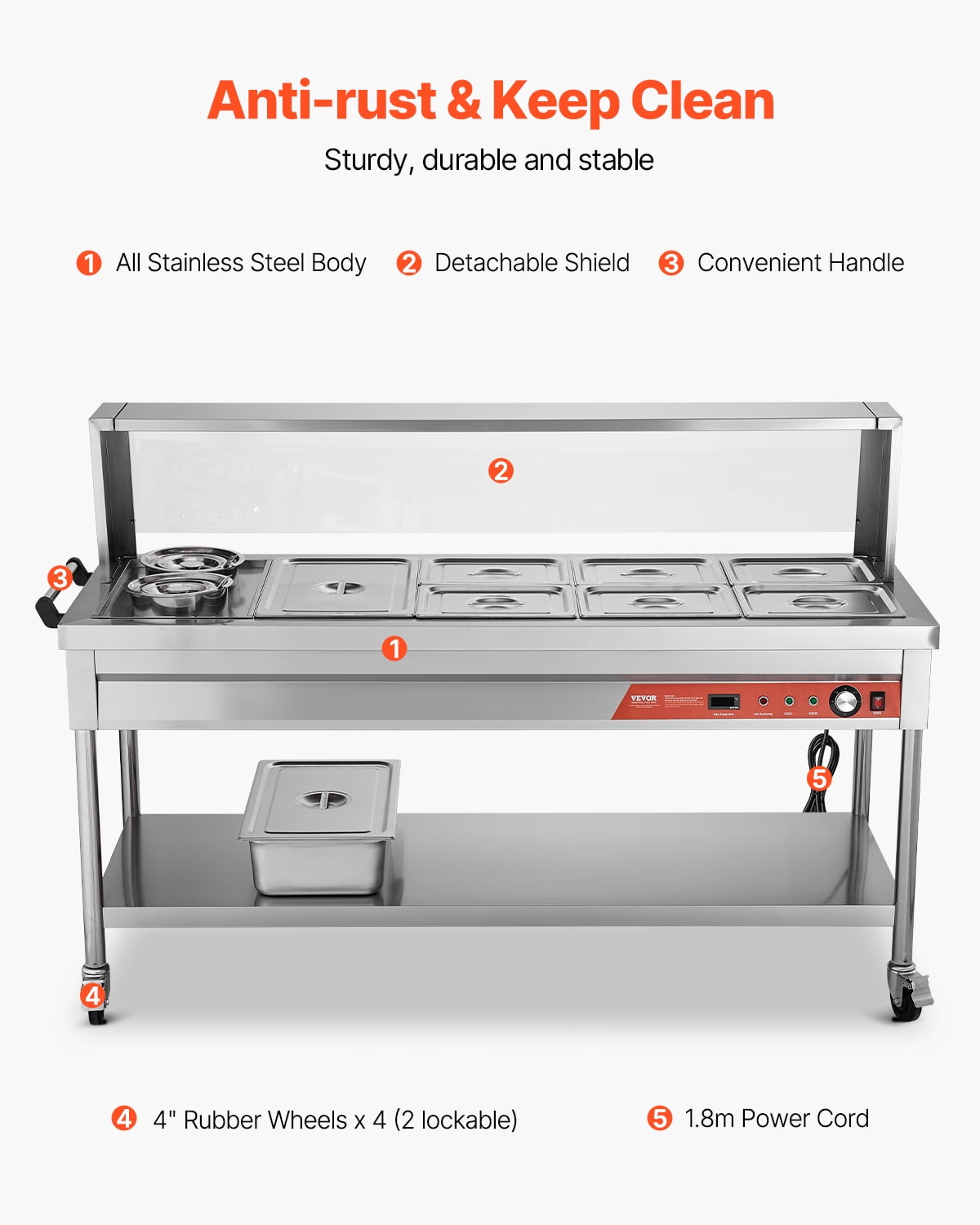 VEVOR Commercial Electric Food Warmer, 7 Pans + 2 Pots Steam Table, 1800W Professional Buffet Catering Food Warmer with Shield Undershelf Wheels, Stainless Steel Server