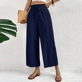 thumbnail image 2 of Nestiefly Cropped Linen Wide Leg Pants for Women Summer Casual Flowy Palazzo Pants High Waisted Beach Trousers with Pockets Navy M, 2 of 9