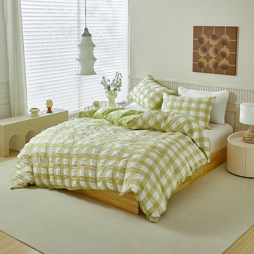 YELEE Green Plaid Duvet Cover Queen Size 3 Pieces Super Soft Breathable Pleated Bedding Sets 90"x90", 2 Cozy Pillowcases