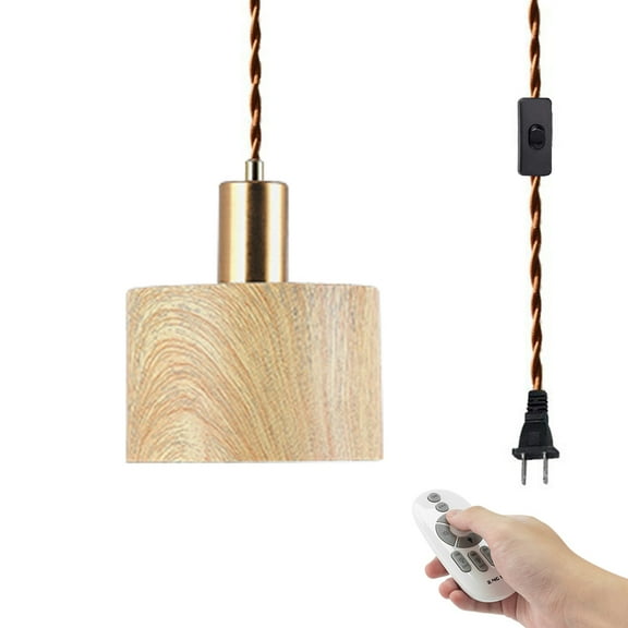 Kiven Plug in Pendant Light with Remote,Dimmable Hanging Light with Wood Lampshade, Industrial Ceiling Pendant Light for Bedroom Hallway Kitchen,1-Light