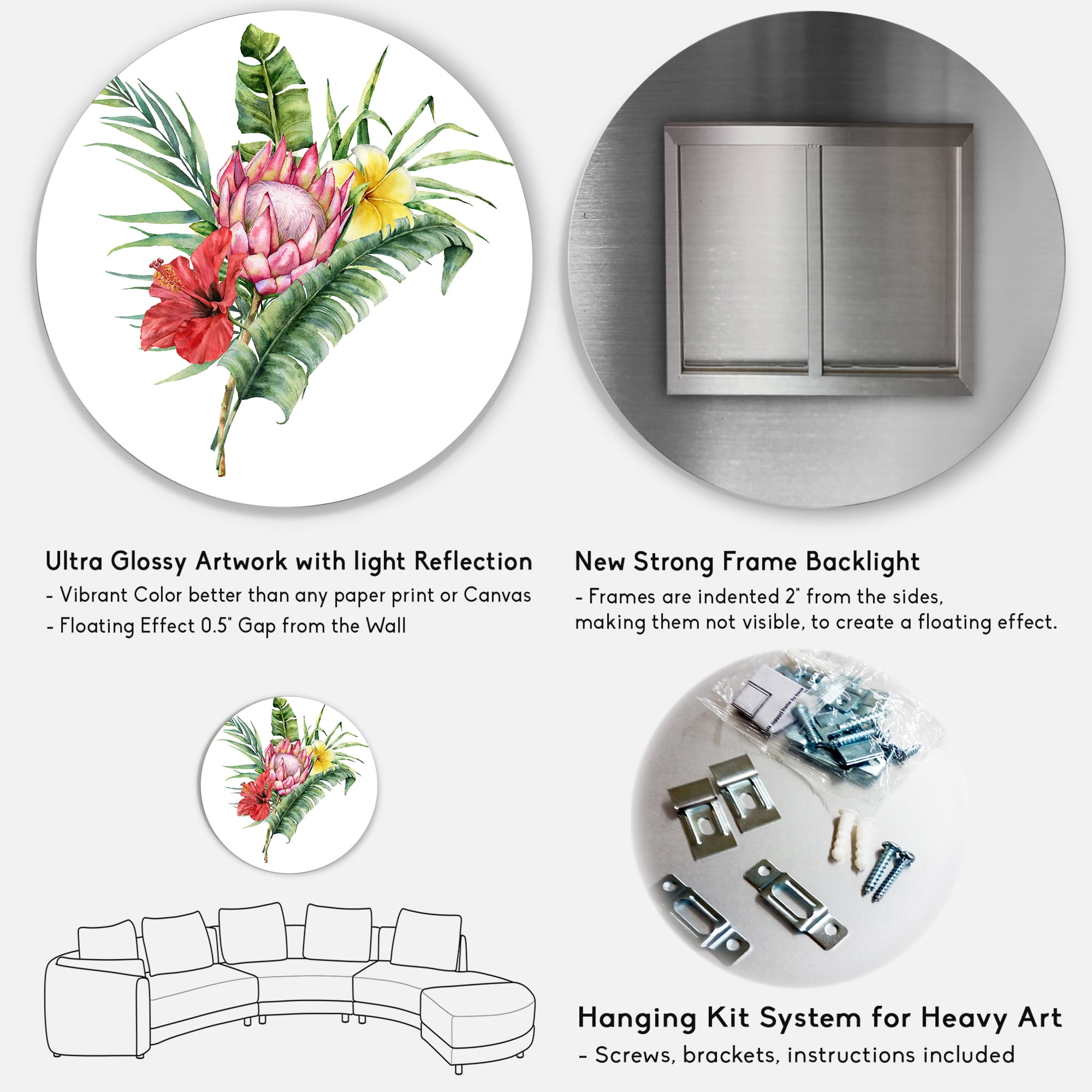 Designart 'Flowers Bouquet With Protea Plumeria Hibiscus' Traditional Circle Metal Wall Art 36x36 - Disc of 36