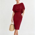 thumbnail image 4 of Women Solid Cowl Neck Dolman Short Sleeve Bodycon Midi Dress, High Waist Slimming Knee-Length Pencil Dress, Elegant Stretch formal office Party Wear Dresses Wine XL(XL), 4 of 5