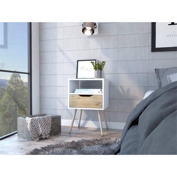Knubmt Wood Nightstand with 1 Open Shelf and 1 Drawer, Beside Table for Home, Bedroom, Brown White