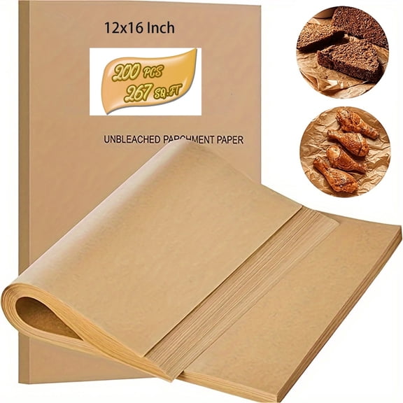 Unbleached Parchment Paper for Baking, Commercial Greaseproof Parchment Paper Sheets, 12" x 16", 200 Count, 200 Pack