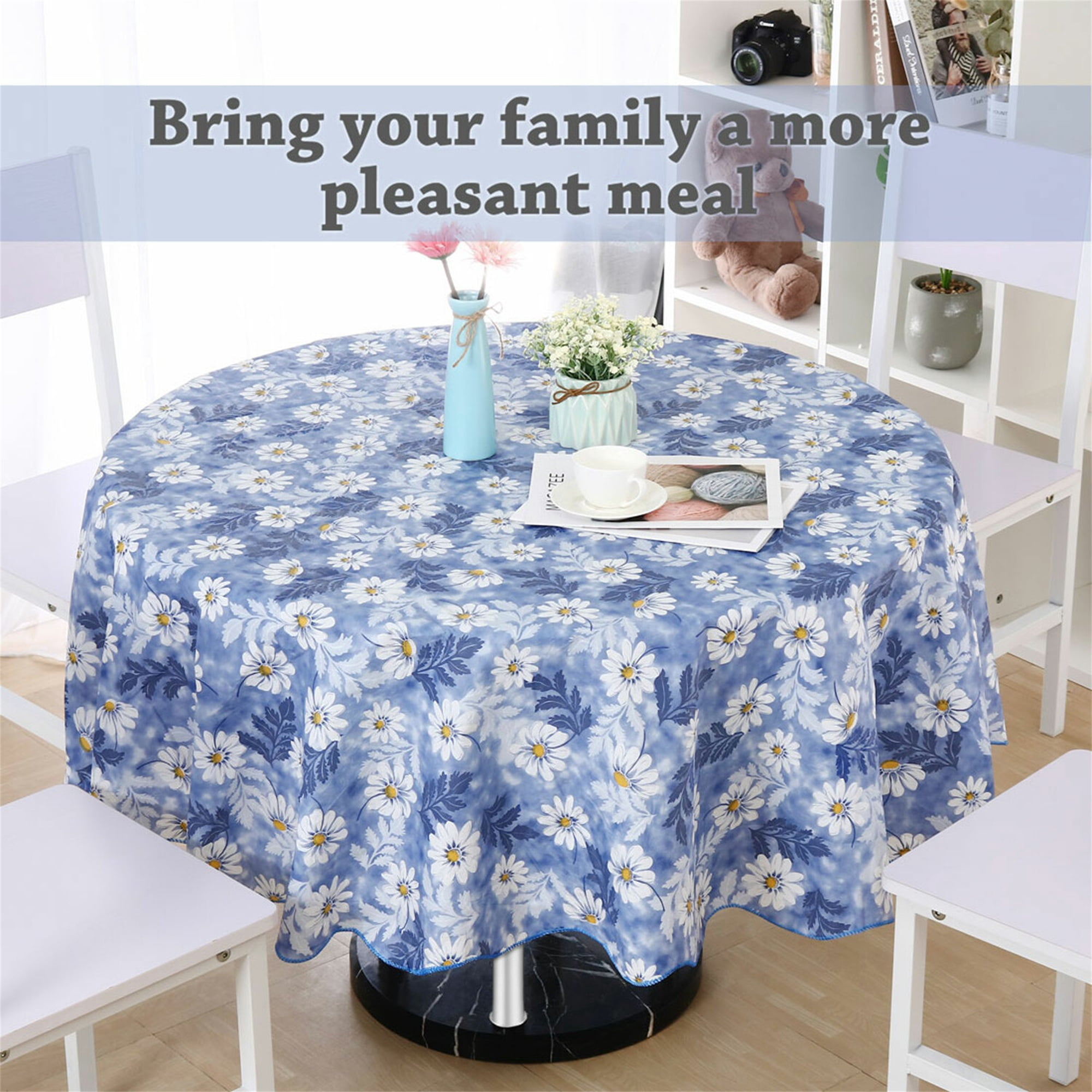 Unique Bargains Floral Decoration Round Vinyl Waterproof Tablecloth Blue 60" Dia