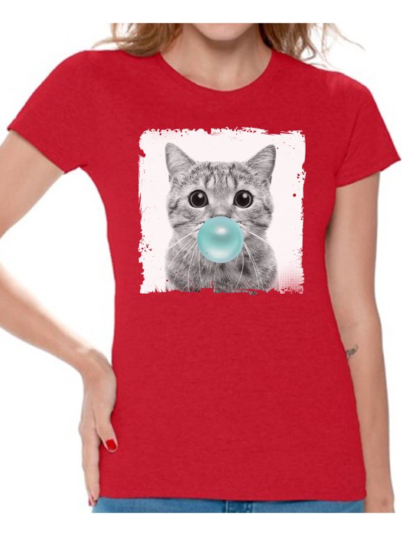 Funny Animal Clothes Shirt for Woman Lovely Animal Lovers Gifts for Her Cat Clothing Cat T Shirt Cute Animal T Shirt Baby Cat Shirt Women T Shirt Little Cat Blowing Gum T Shirt